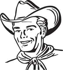 Vintage cowboy man in a hat 60s style . Retro comics cowboy black and white ink drawing, American cartoon advertising illustration.