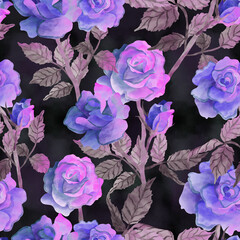 Roses. Seamless floral pattern with roses, watercolor. Beautiful watercolor illustration wild blooming floral pattern. Delicate flowers. Ornament for clothes, accessories, textiles and interior