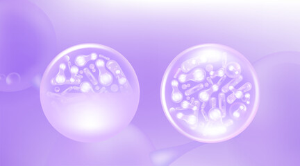 Probiotic and Hyaluronic acid skin solutions ad, purple collagen, and vitamin serum drops with cosmetic advertising background ready to use illustration vector.