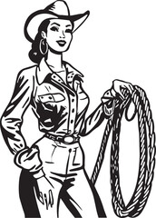 Fototapeta na wymiar Vintage cowboy woman in a hat 60s style . Retro comics cowboy woman black and white ink drawing, American cartoon advertising illustration.