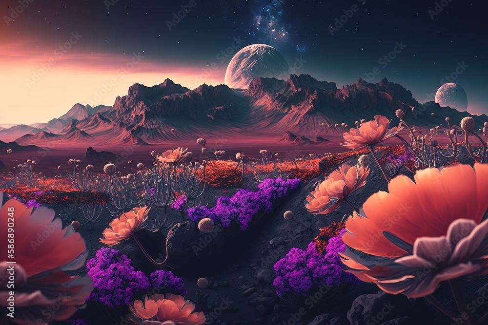 Canvas Prints Cosmic spring background with blooming flowers.The beauty of nature. Generative AI