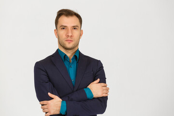 Photo of thoughtful man isolated over white background wall. Looking aside.