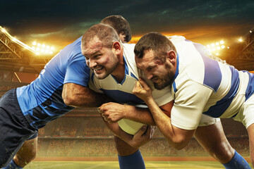 Tense moment. Three men, professional rugby player in motions,. competing at open air 3D stadium in...