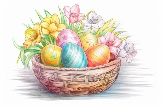 Wicker basket with Easter eggs and flowers, spring composition, white background, generative AI
