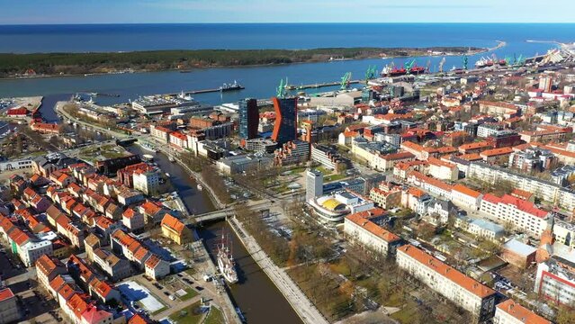 The city landscape of Klaipeda and the port of the city, a view from a drone in 4k format