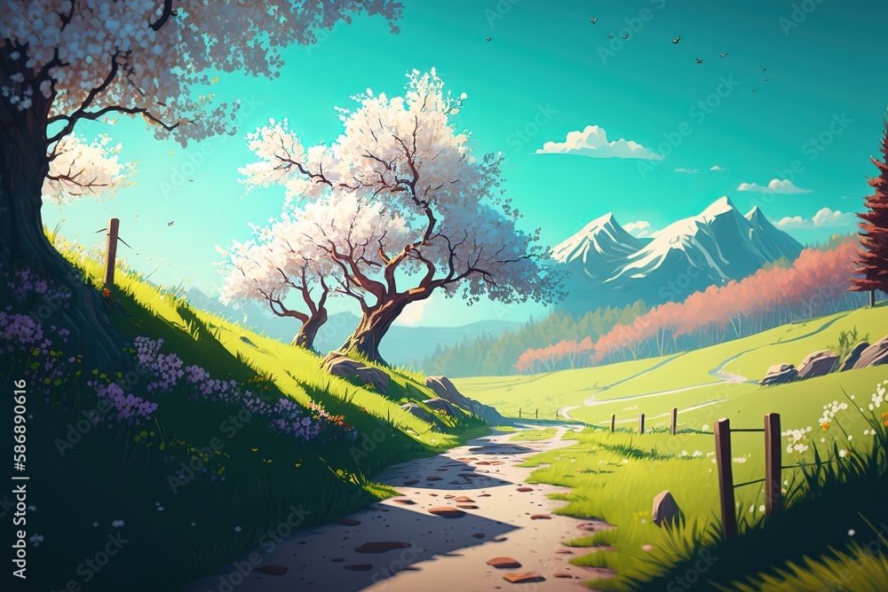Poster spring landscape with a green field and flowering trees.the beauty of nature. generative ai