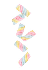 Colorful marshmallows candy falling in the air isolated on transparent background. PNG