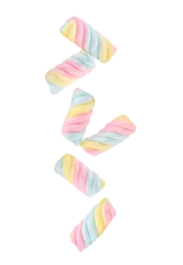 Küchenrückwand glas motiv Colorful marshmallows candy falling in the air isolated on transparent background. PNG © PotaeRin