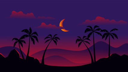 Tropical forest night landscape illustration with crescent moon