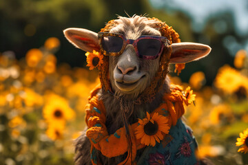 A happy goat wearing a flowery lei and sunglasses, frolicking in a field of sunflowers and looking content