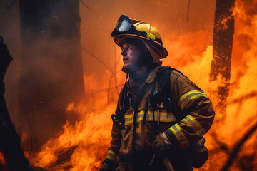 Naklejka premium Fireman on the background of a burning forest.Generative AI illustration.
