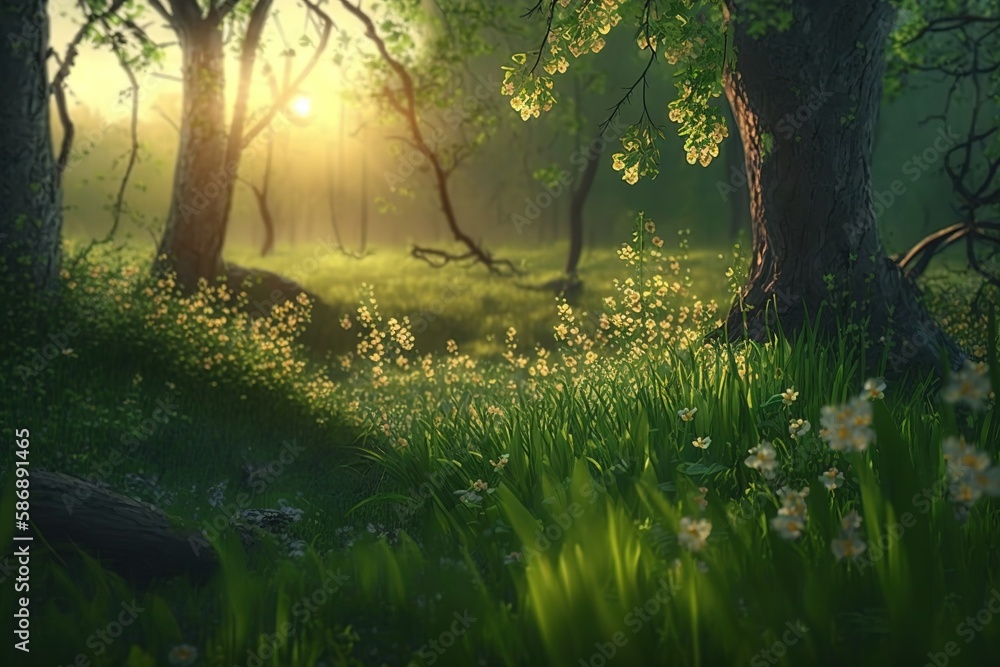 Poster spring weather in the forest with a green meadow and sunlight breaking through the trees.the beauty 