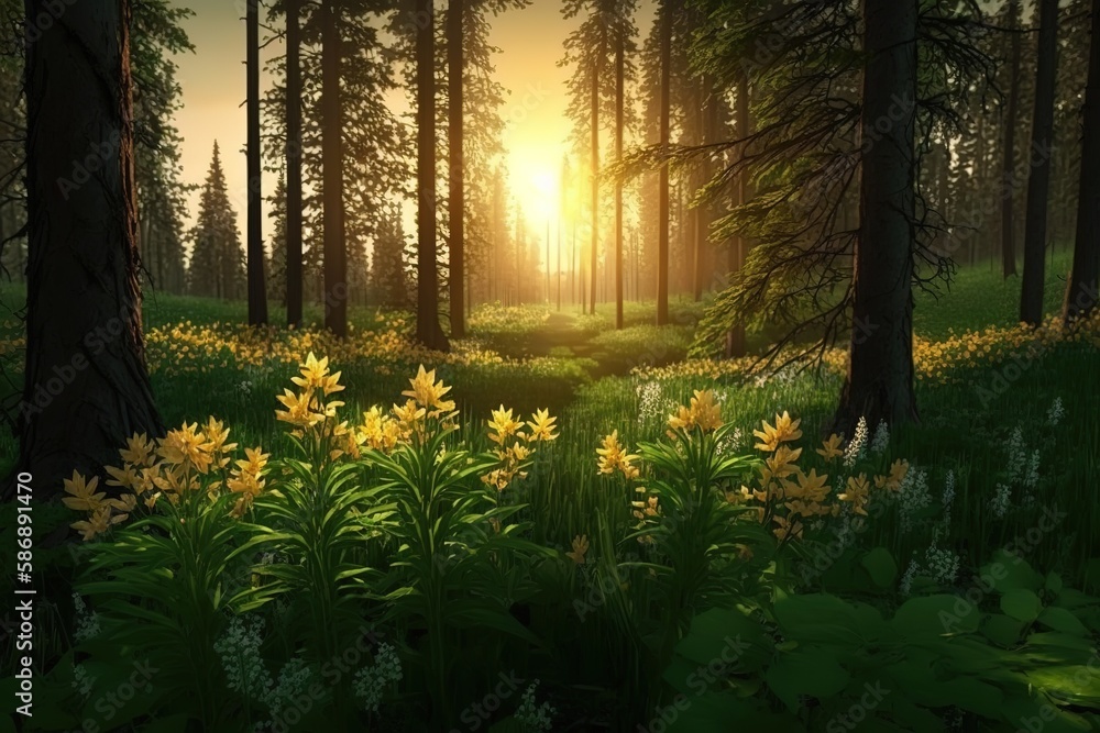 Aufkleber spring weather in the forest with a green meadow and sunlight breaking through the trees.the beauty 