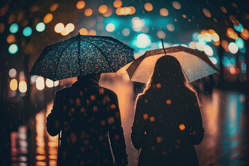 Couple walking with umbrella in the rain at night, Generative AI