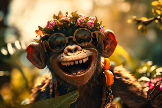 A playful monkey wearing a flower crown and sunglasses, swinging on a vine with a big grin on its face