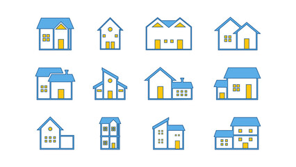 Modern Architecture Line Icons - Vector Illustration Set for Real Estate and Property Designs, House collection with blue and yellow colors
