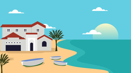 Mediterranean House with Sea View - Vector Illustration of Traditional Architecture and Coastal Landscape