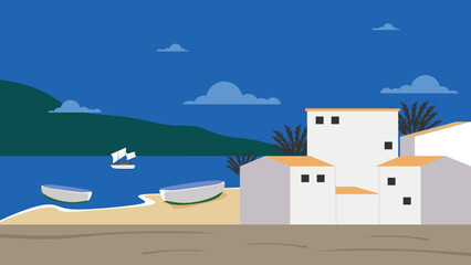 Obraz premium Colorful Spanish Village on the Coast Vector Illustration