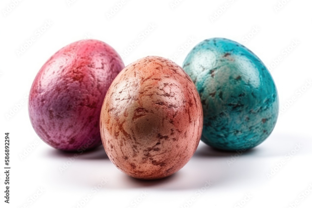 Poster three colorful easter eggs arranged in a row. generative ai