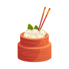 Dumplings in Bamboo Steamer Basket. Traditional Chinese Food. Vector Illustration Asian Food in Cartoon Style.