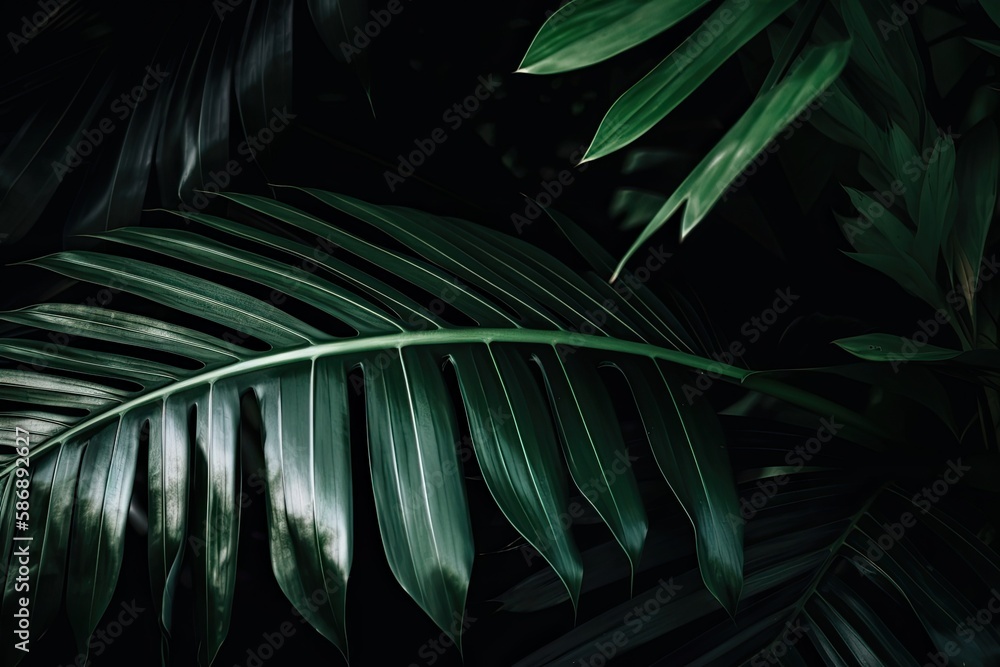 Wall mural a close up of a green leaf with a background of palm trees. Layout, nighttime nature idea, tropical leaf. Generative AI