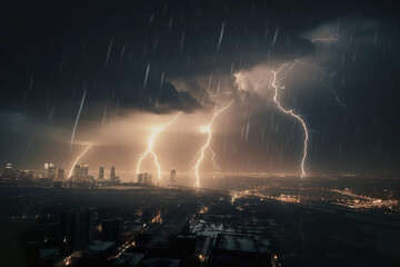 Fototapeta na wymiar lightning in the city, storm with dark clouds, more lightning