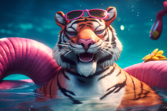 A Playful Tiger Wearing A Beach Hat And Sunglasses, Swimming In A Pool With A Giant Inflatable Flamingo And A Big Smile