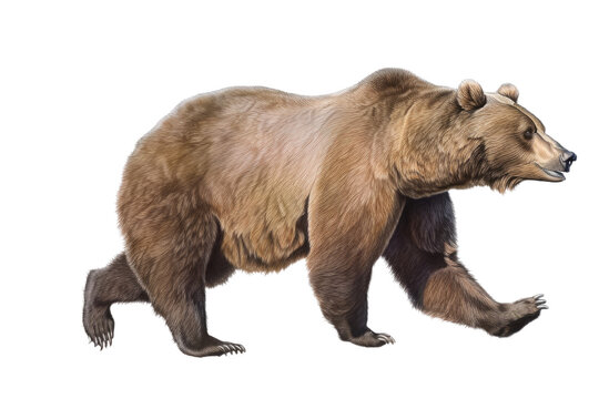 an isolated grizzly bear running and walking, side-view portrait, North American, mountain-themed photorealistic illustration on a transparent background in PNG. Ursus arctos horribilis. Generative AI