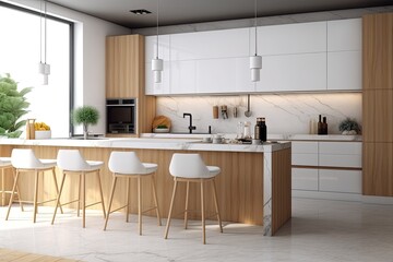 Kitchen bar, food preparation area, dining nook, interior scene and mockup. Generative AI