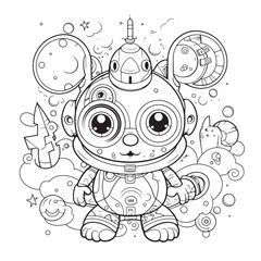 Robot,Black and white coloring pages for kids, simple lines, cartoon style, happy, cute, funny, many things in the world.