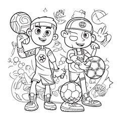 Sport,Black and white coloring pages for kids, simple lines, cartoon style, happy, cute, funny, many things in the world.