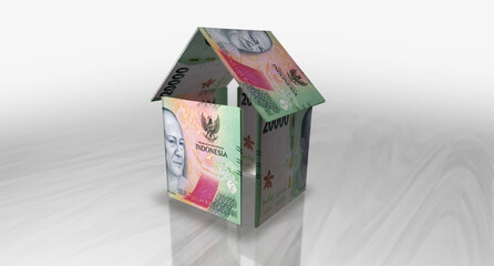 Indonesian Rupiah 20000 IDR money banknotes paper house on the table 3d illustration