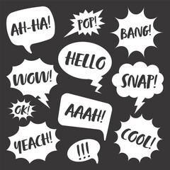 White comic speech bubbles with handwritten text on dark background. Hand drawn retro cartoon stickers. Pop art style. Vector illustration