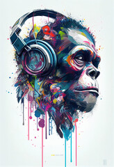 Head of monkey in headphones. AI generated illustration