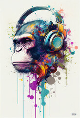 Head of monkey in headphones. AI generated illustration