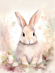 Obraz premium vintage retro easter card with watercolor pastel colors, easter eggs in basket with bunny and birds