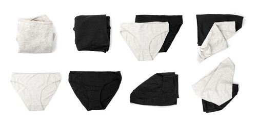 New Black White Panties Isolated, Simple Folded Cotton Underwear, Woman Panty, Pants, Underpants on White