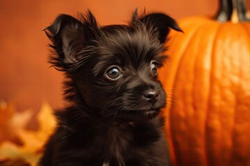 a tiny black puppy on a pumpkin and maple leaf adorned orange background in the autumn. Generative AI