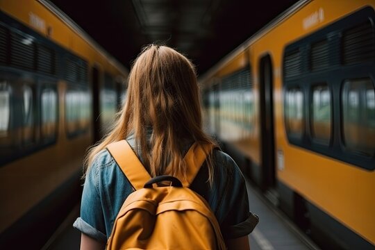 A Young Woman With A Backpack From Behind Is Walking Through A Station Between Trains - Generative AI