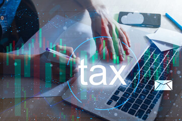 Business hand clicks virtual screen to tax return online for tax payment. Government, state taxes....