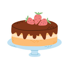 Chocolate cake with strawberries in flat style. Vector illustration. Cake on a plate isolated on a white background.