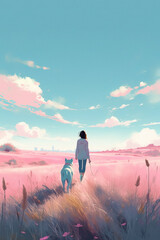 This Minimalistic Girl and Dog Poster depicts the strong bond of friendship between a person and their pet. Walking together, they are the best of friends, sharing a special connection.