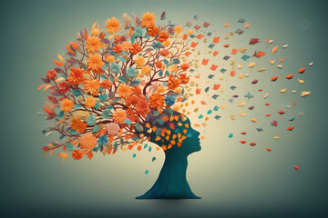 Fototapeta na wymiar Human head with flowers, psyche, health, positive thinking, creative mind. Generative AI