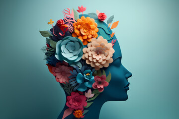 Human head with flowers, psyche, health, positive thinking, creative mind. Generative AI