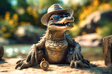 Obraz premium A relaxed crocodile wearing a sun hat and sunglasses, sunbathing on a rock with a big grin on its face