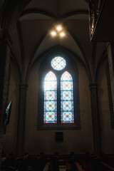 Stain Glass inside Myeongdong Catholic Cathedral during winter sunny day at Jung-gu , Seoul South Korea : 2 February 2023