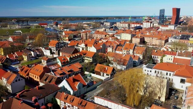 The cityscape of the historical part of Klaipeda and the view of the port, 4k format