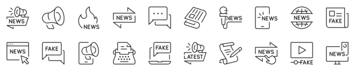 Line icons about news, mass media and fake news. Thin line icon set. Symbol collection in transparent background. Editable vector stroke. 512x512 Pixel Perfect.