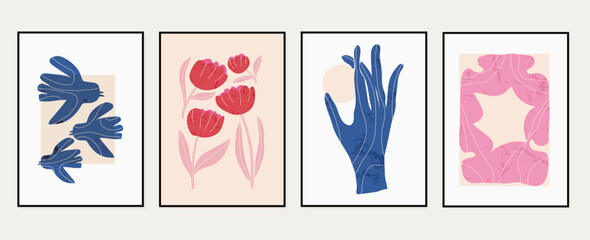 Set of abstract cover background inspired by matisse. Plants, bird, leaf, flower, hand, grunge texture. Contemporary aesthetic illustrated design for wall art, decoration, print, wallpaper.