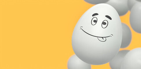 Group of flying farm white chicken eggs flying with funny face and crowd of eggs